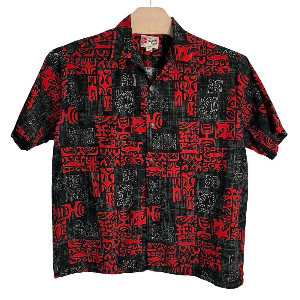 Hilo Hatties The Hawaiian Original Shirt XL Red Black Tiki Tribal Button Down